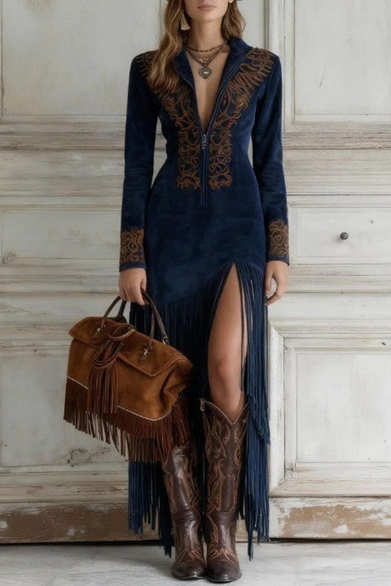 Western Half-Zip Embroidered Faux Suede Fringe Maxi-Length Dress