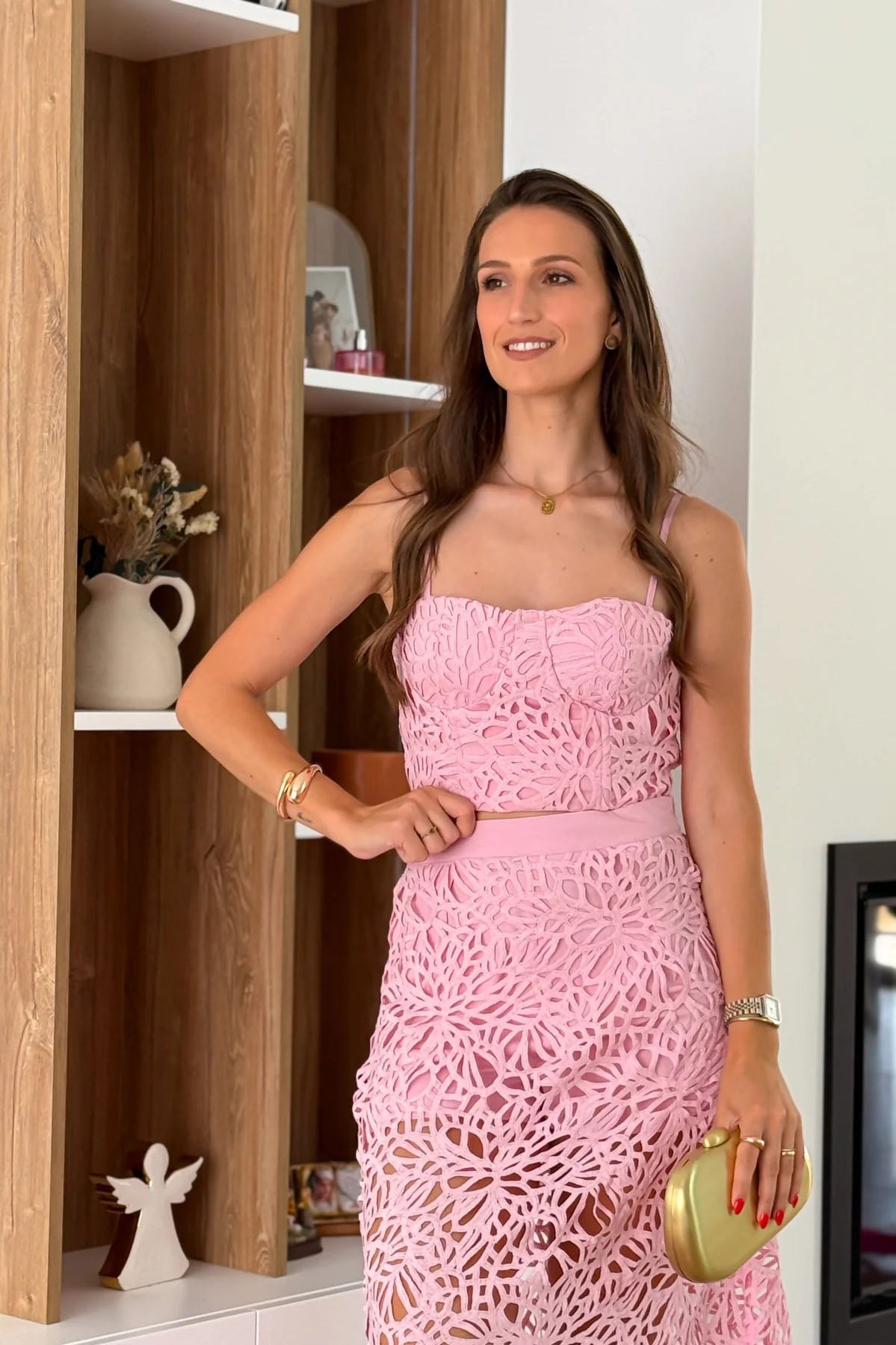 Coordinated Coral-Pattern Pink Skirt Set