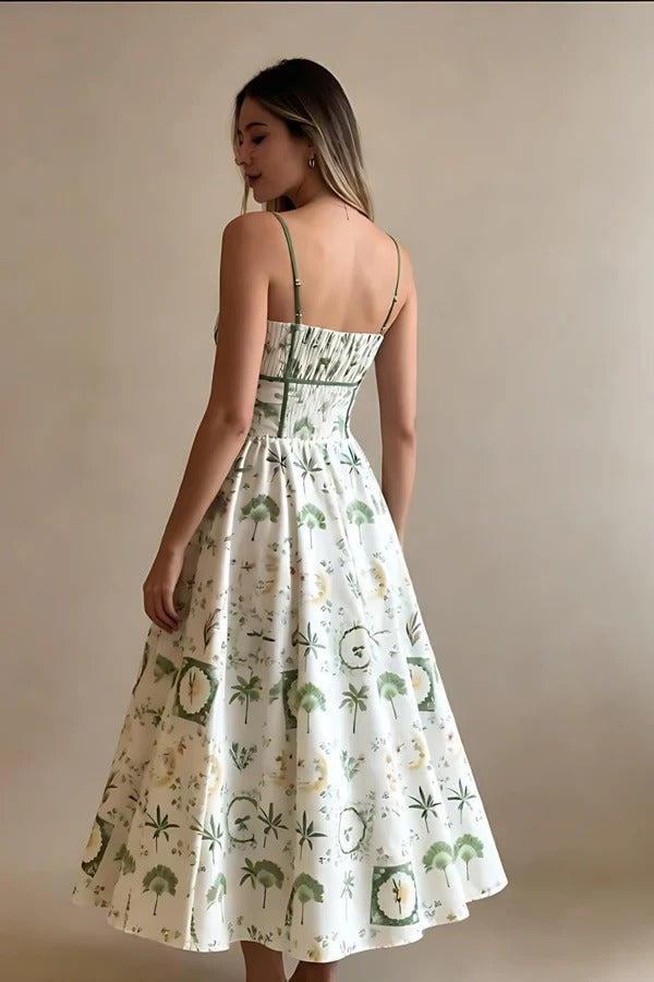 Green Botanical Print Smocked Midi-Length Dress