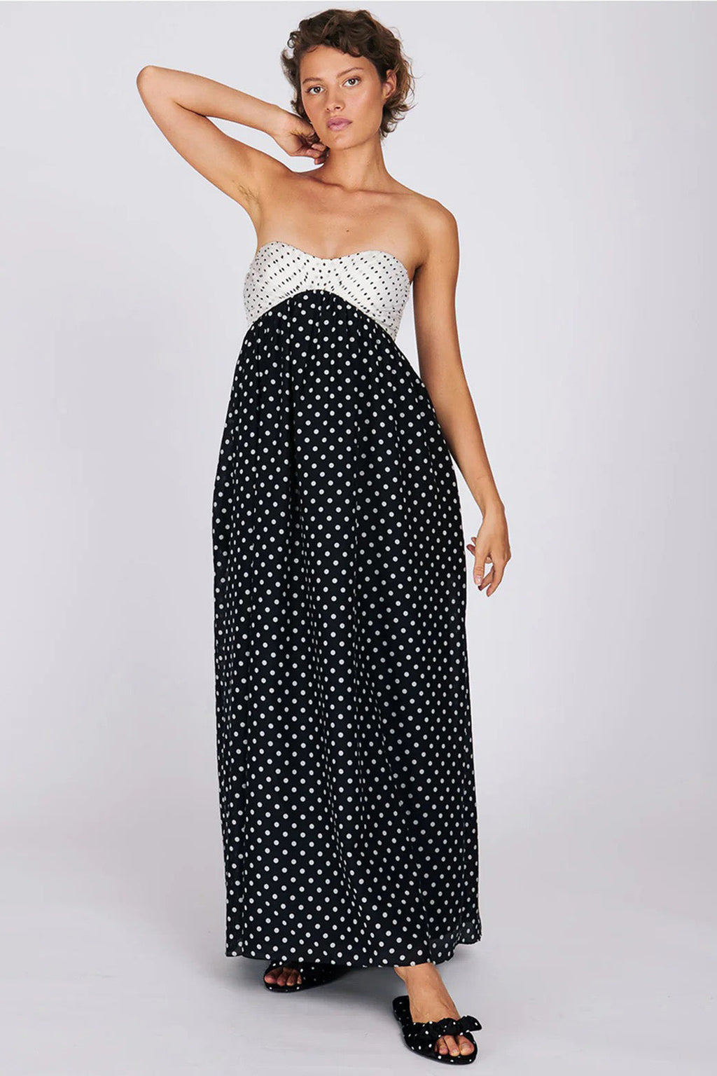Two-Tone Polka Dot Strapless Maxi-Length Dress