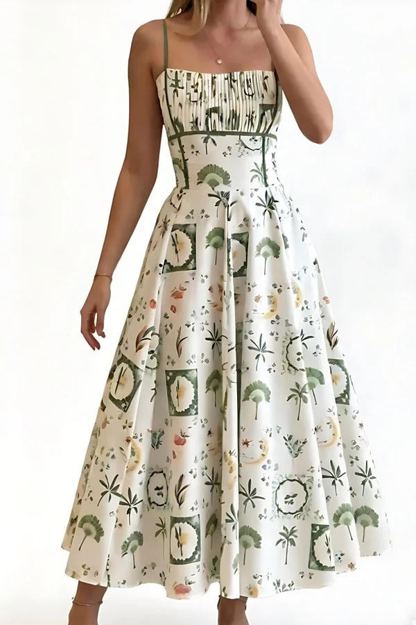 Green Botanical Print Smocked Midi-Length Dress