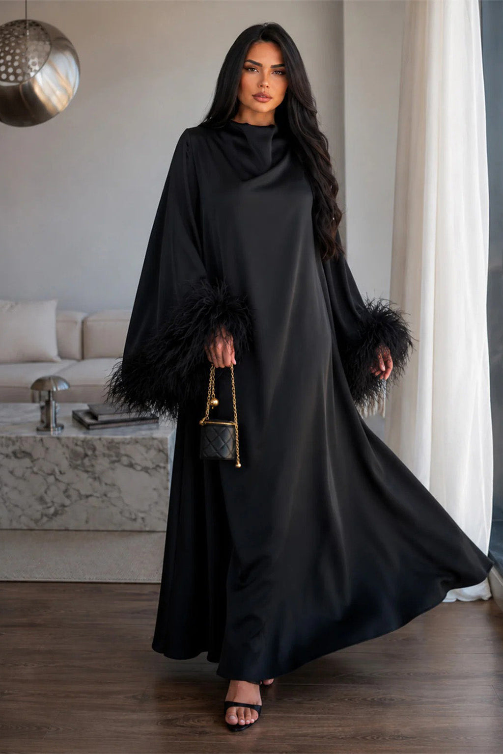 Feather Cuff Draped Collar Loose Maxi-Length Dress