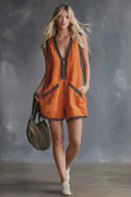 Modern Vibrant Orange Short Jumpsuit - V-Neck Striped Trim Romper