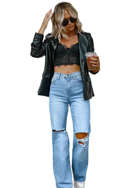 Light Blue Distressed Wide-Leg Jeans