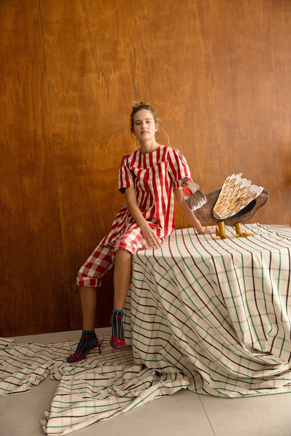 Red Gingham Short Sleeve Loose Mini-Length Dress