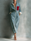 Modern Blue And White Cotton Blend Striped Shirt Dress With Red Chest Pocket