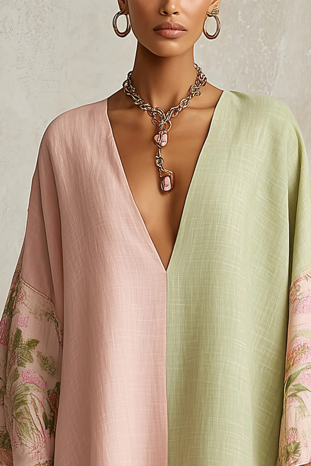 Color Block Flower Print Soft Kaftan Dress