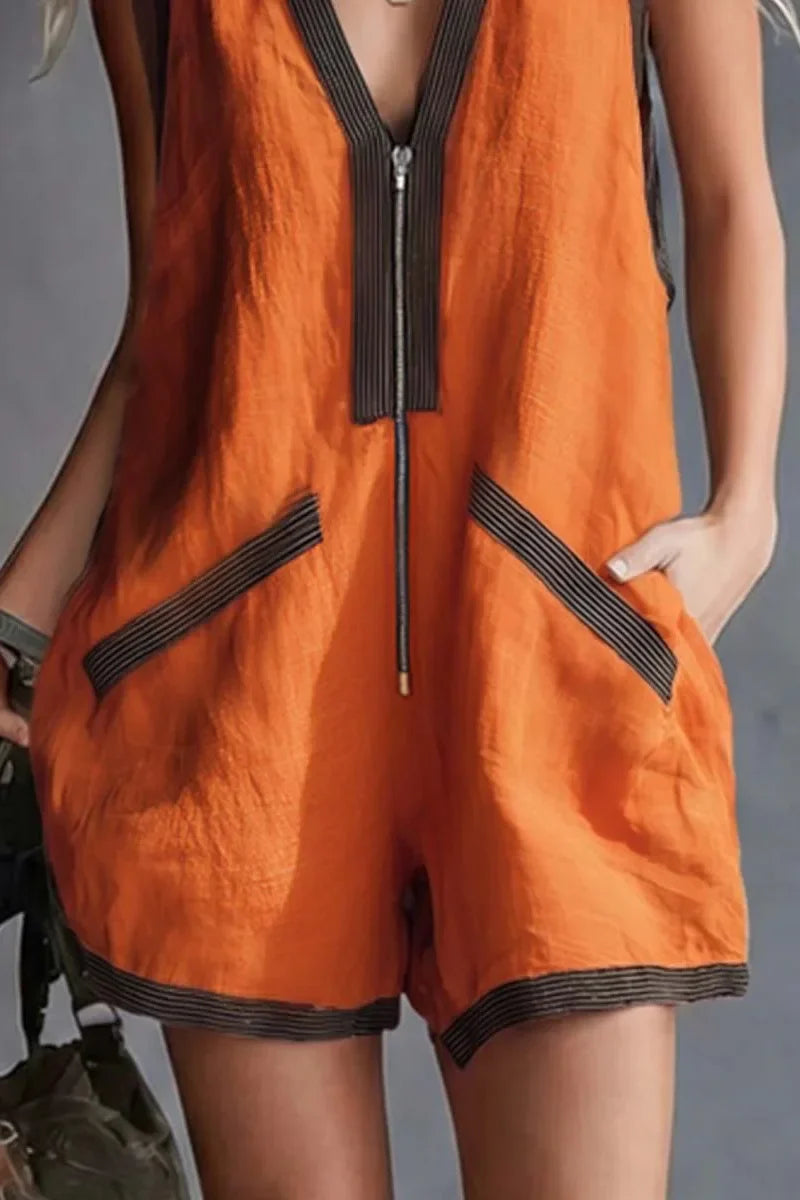 Modern Vibrant Orange Short Jumpsuit - V-Neck Striped Trim Romper