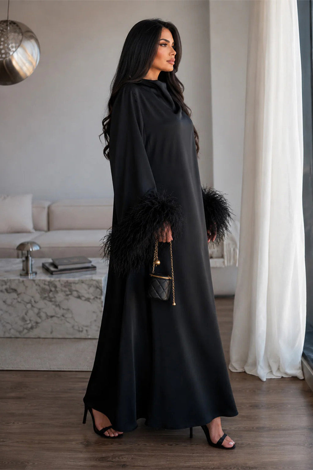 Feather Cuff Draped Collar Loose Maxi-Length Dress