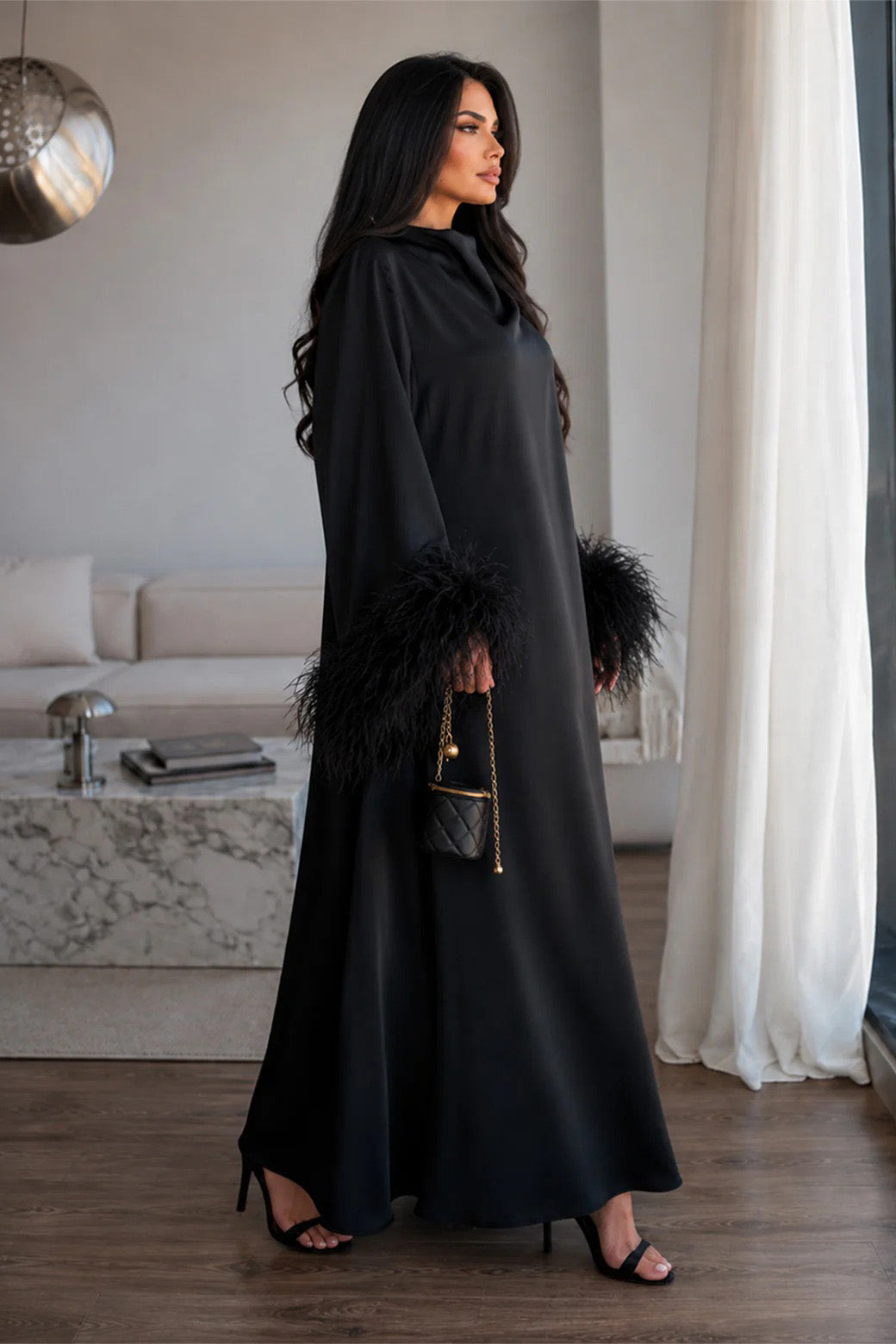 Feather Cuff Draped Collar Loose Maxi-Length Dress