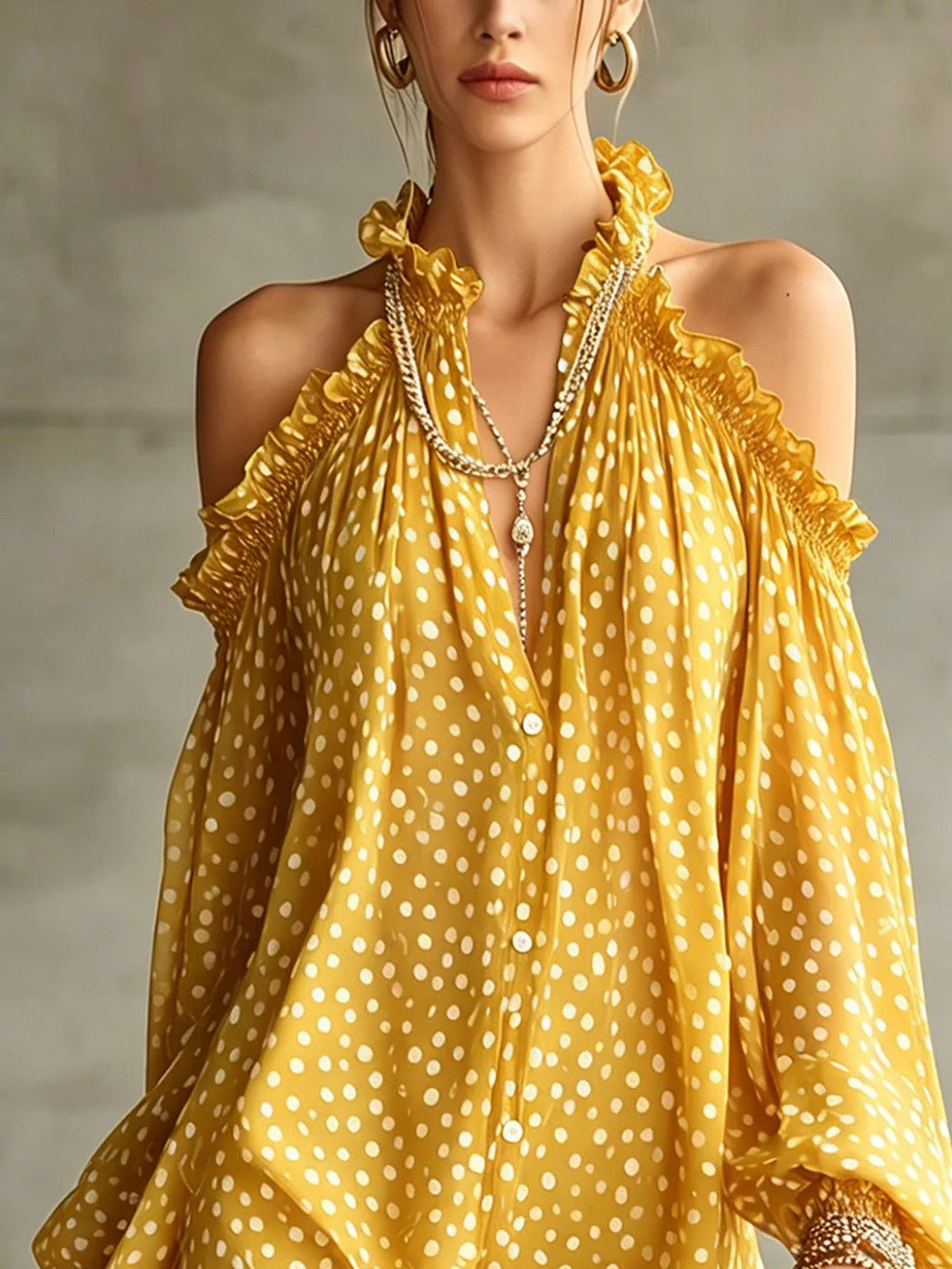Green Polka Dot Cold Shoulder Mini-Length Dress With Ruffled Neckline