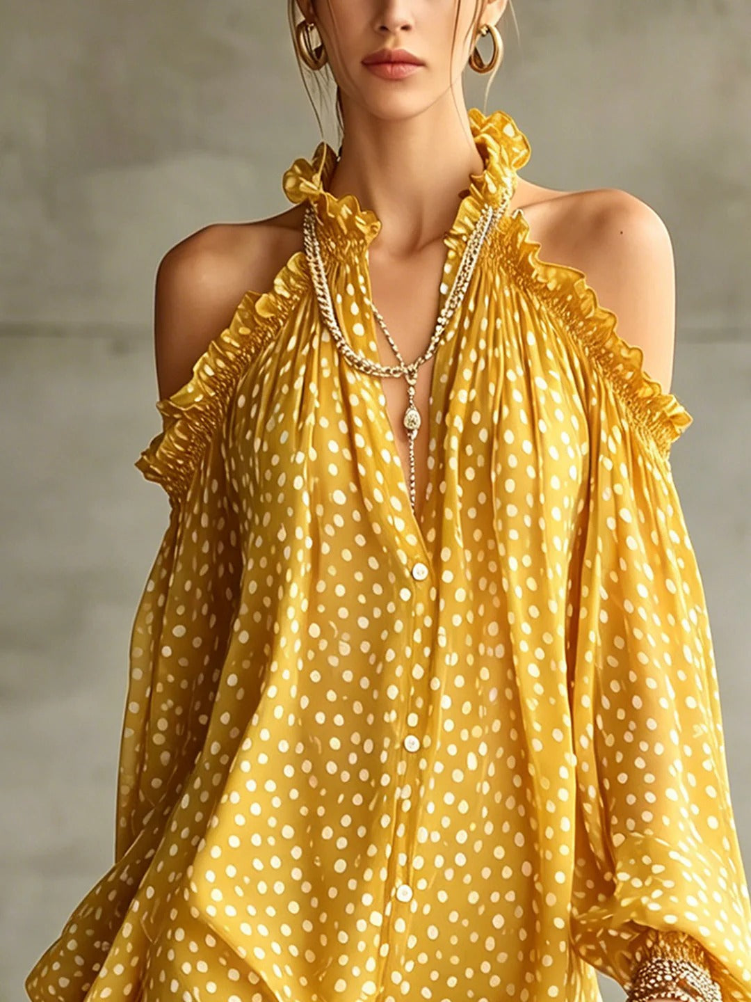 Green Polka Dot Cold Shoulder Mini-Length Dress With Ruffled Neckline