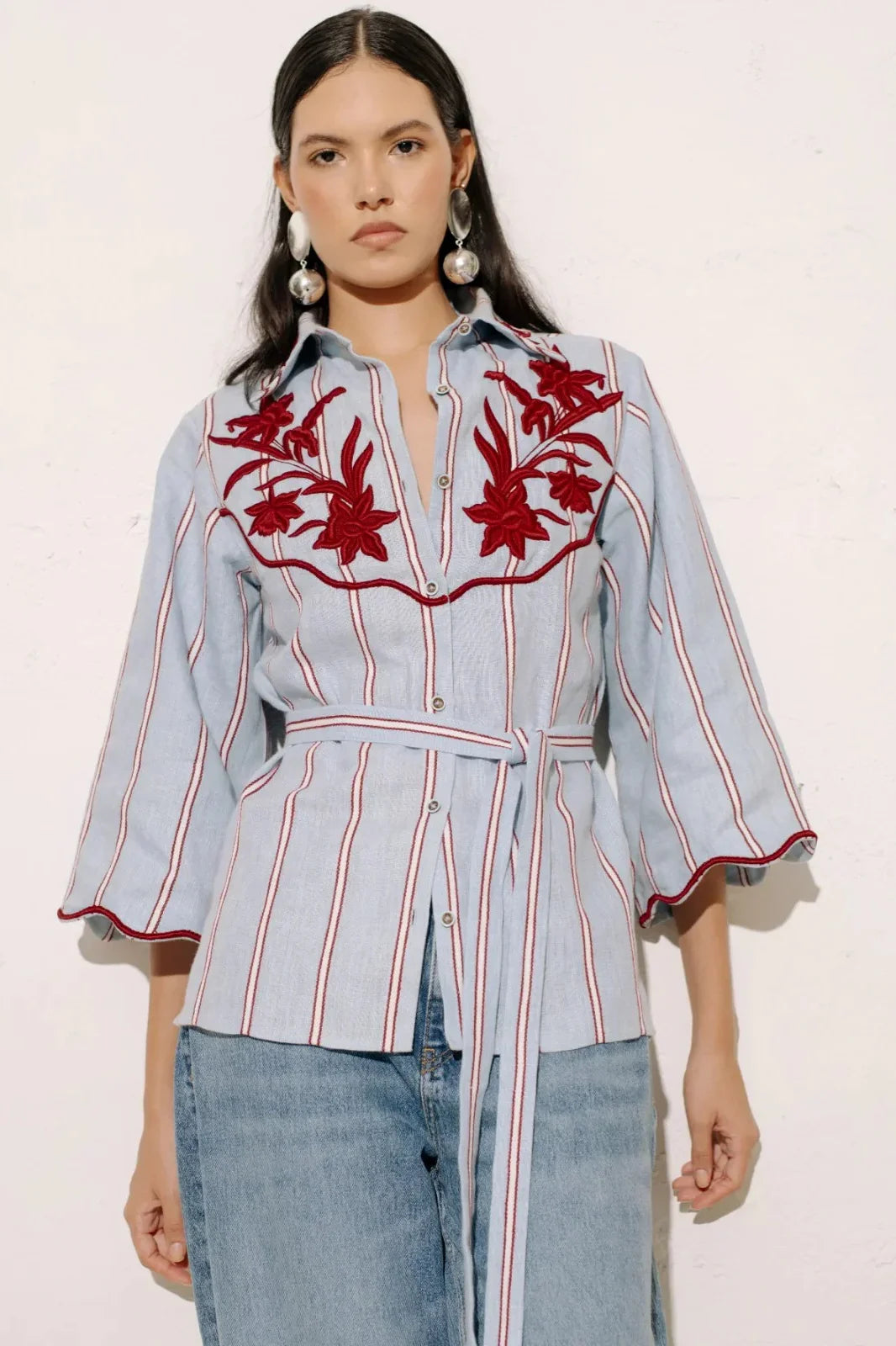 Blue Striped Flower Shirt With Tie Belt