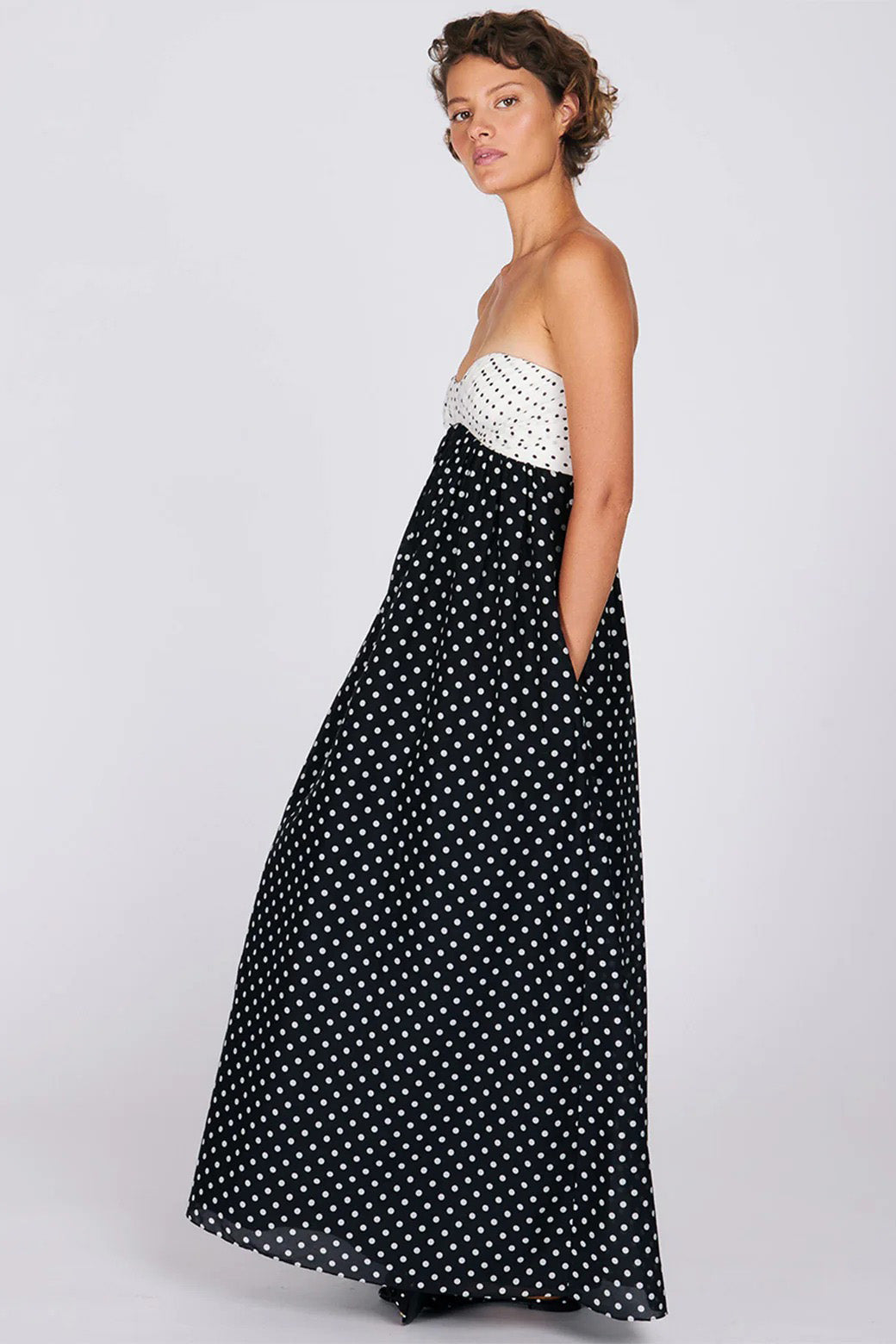 Two-Tone Polka Dot Strapless Maxi-Length Dress