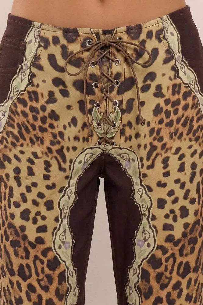 Low Rise Leopard Mix Lace-Up Trousers