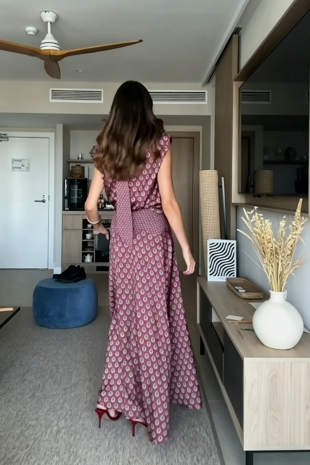 Coordinated Retro Print Scarf Neck Top & Flowing Maxi Skirt Two-Piece Set