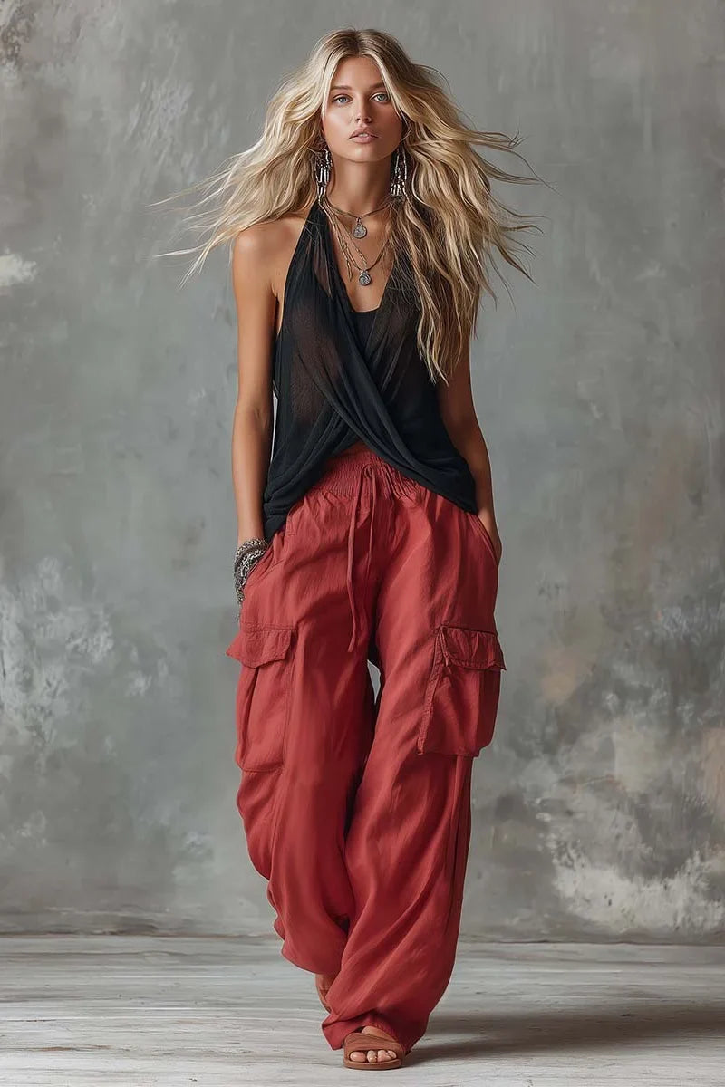 Black Mesh V-Neck Top & Red Cargo Trousers Set