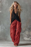 Black Mesh V-Neck Top & Red Cargo Trousers Set
