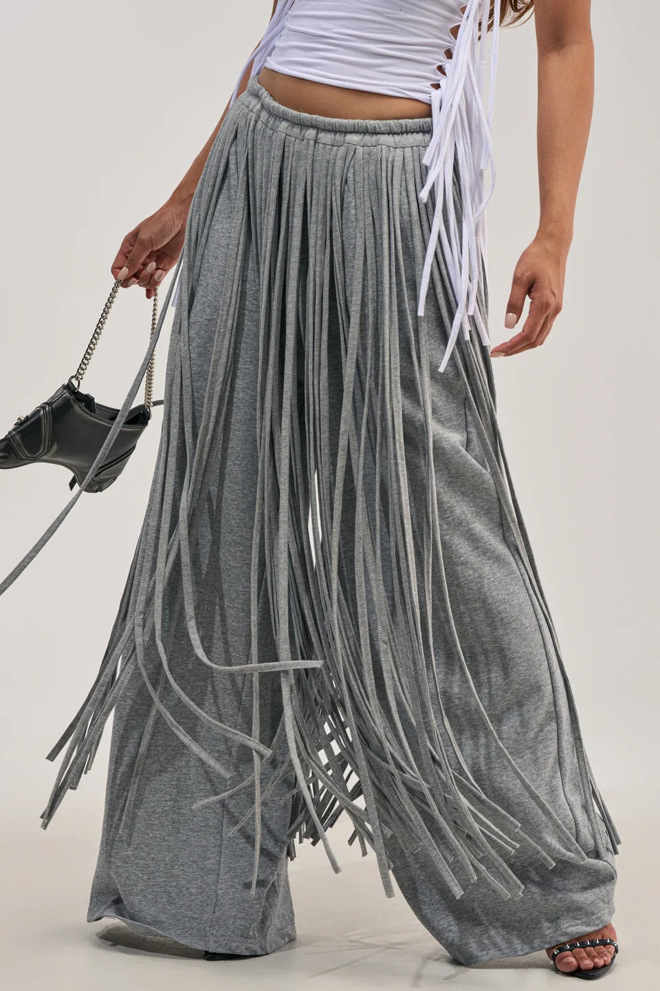 Gray Heavy Fringe Wide-Leg Trousers