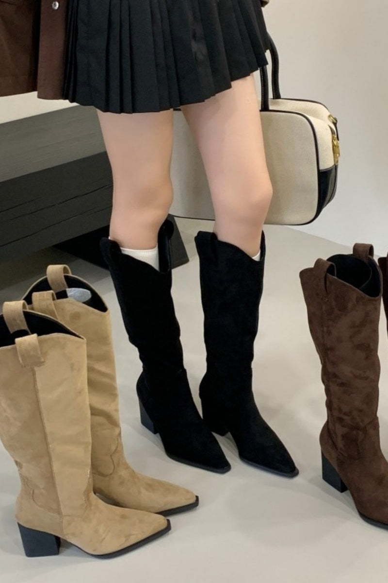 Modern V-Neck Chunky-Heeled High-Top Knight Boots
