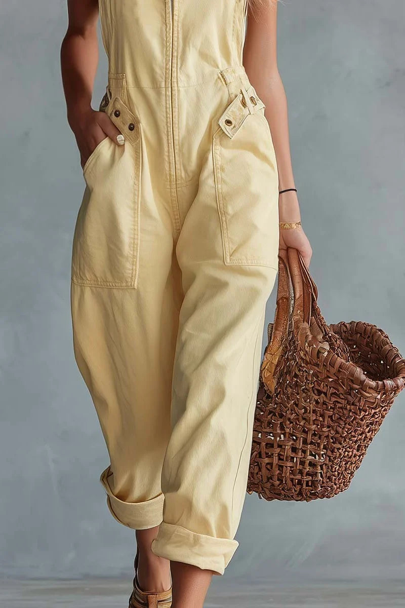 Light Yellow Washed Denim Jumpsuit - Square Neck Retro Stylish