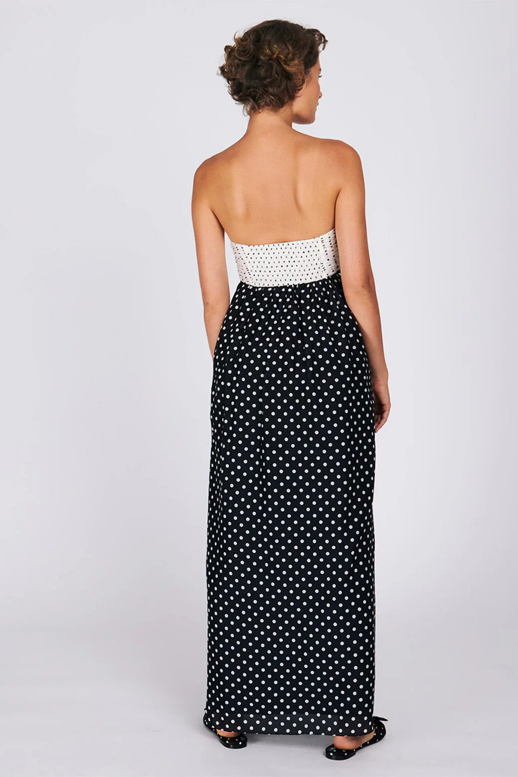 Two-Tone Polka Dot Strapless Maxi-Length Dress