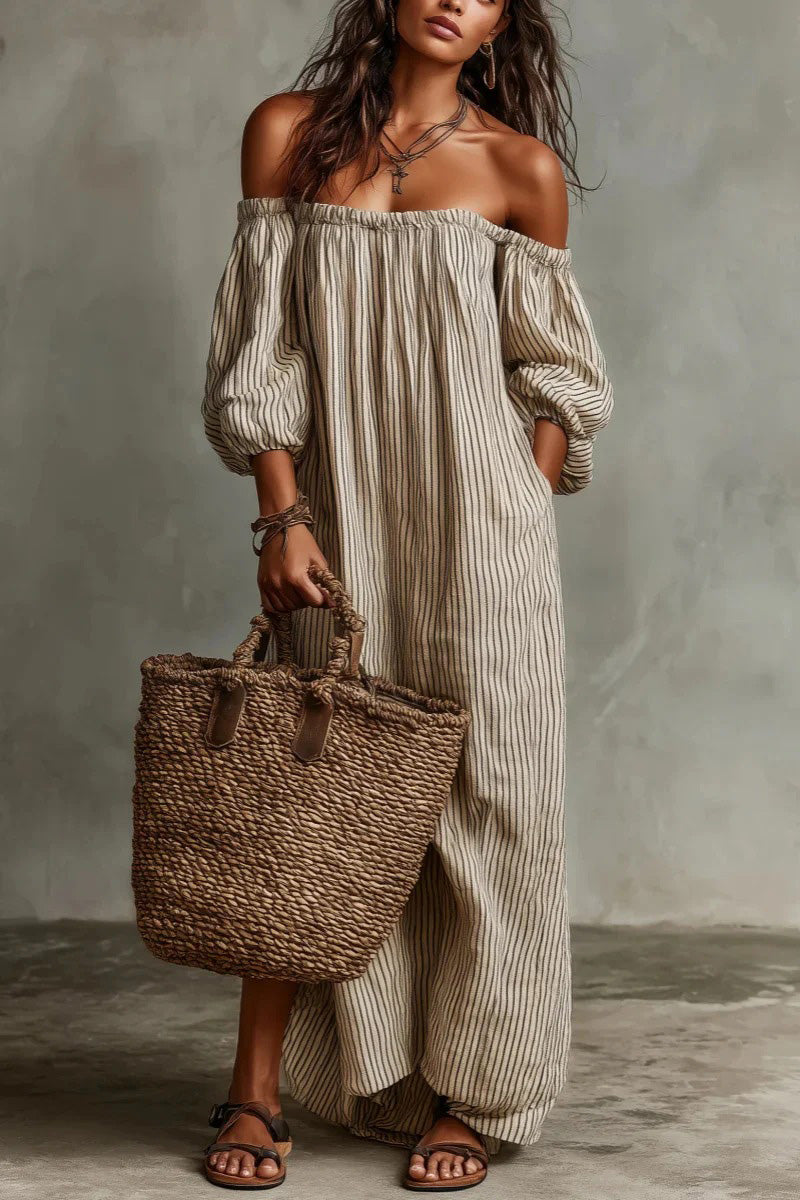 Beige Stripe Off-Shoulder Linen-Blend Maxi-Length Dress