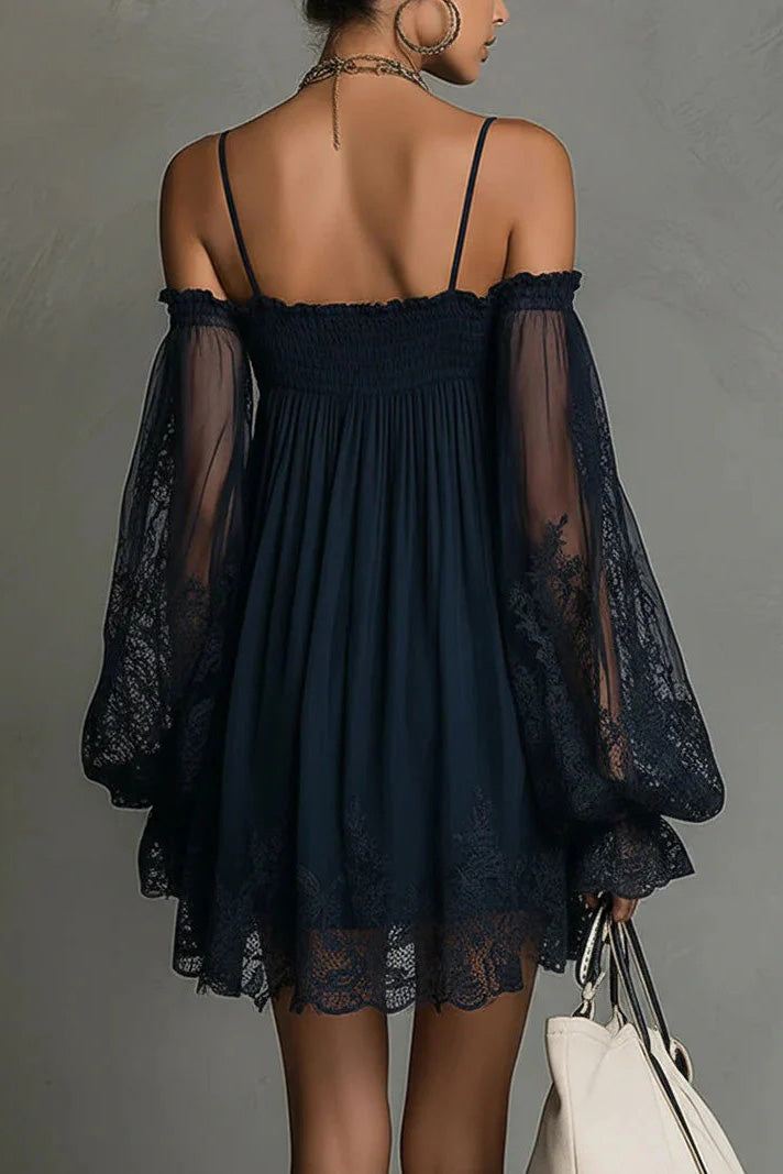Navy Lace Cold Shoulder Mini-Length Dress