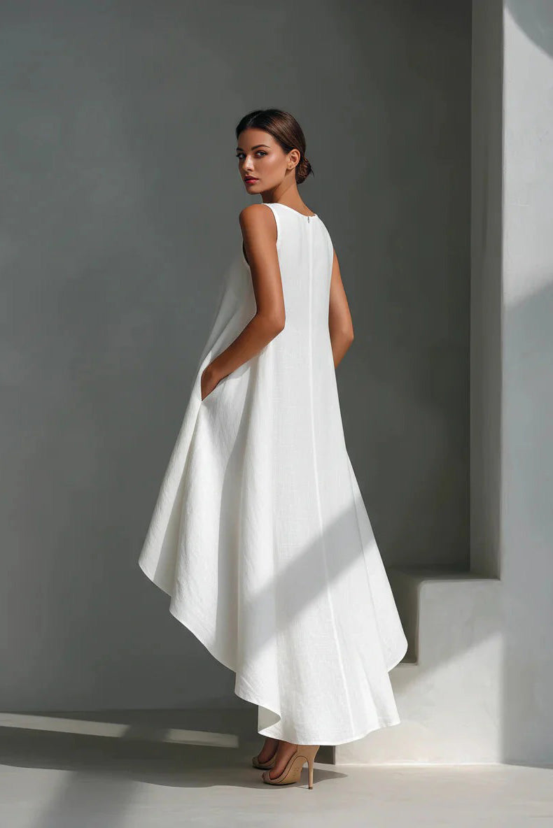 Modern White Linen Asymmetric Dress