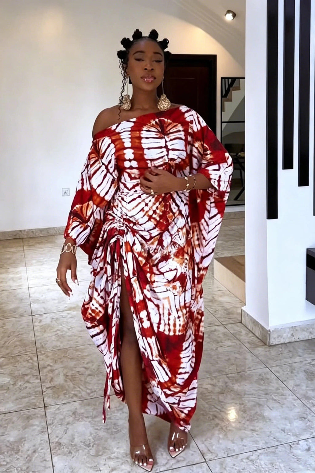 Radial Pattern Off-Shoulder Maxi-Length Dress