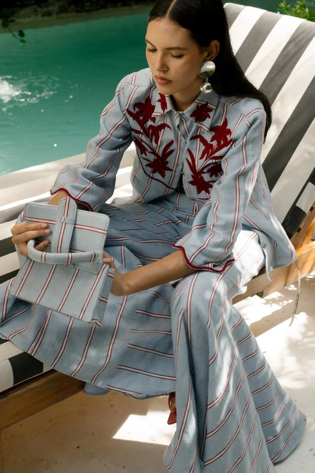 Blue Striped Flower Shirt With Tie Belt