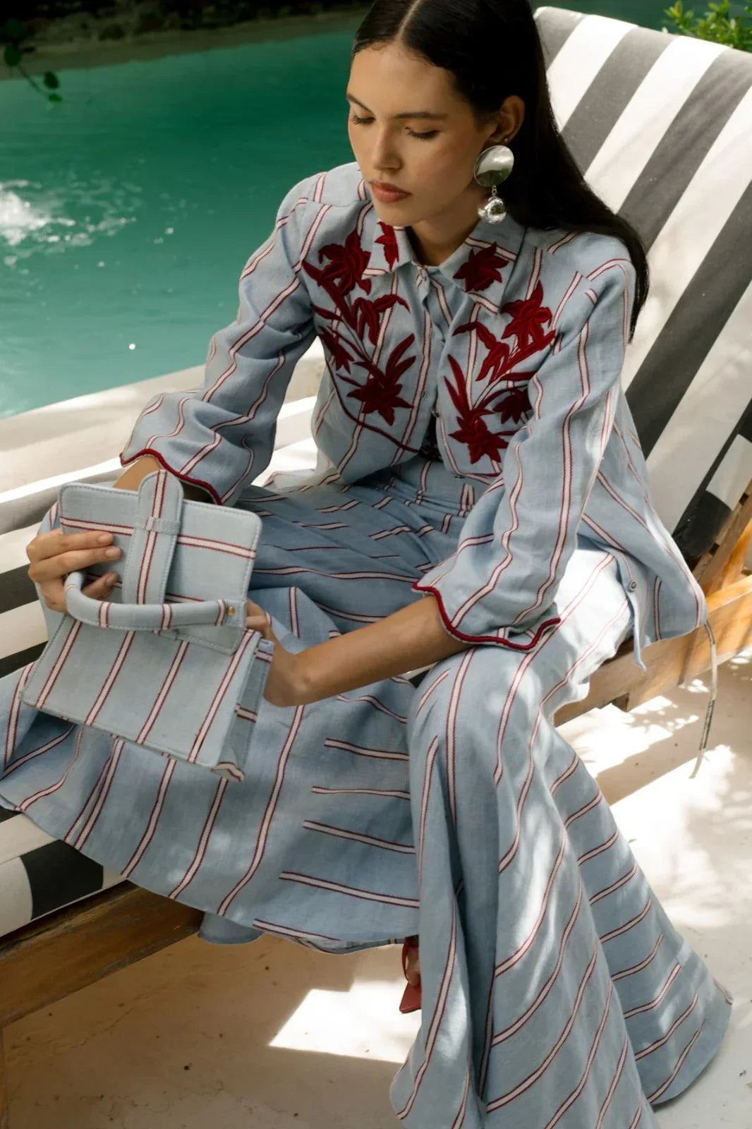 Blue Striped Flower Shirt With Tie Belt