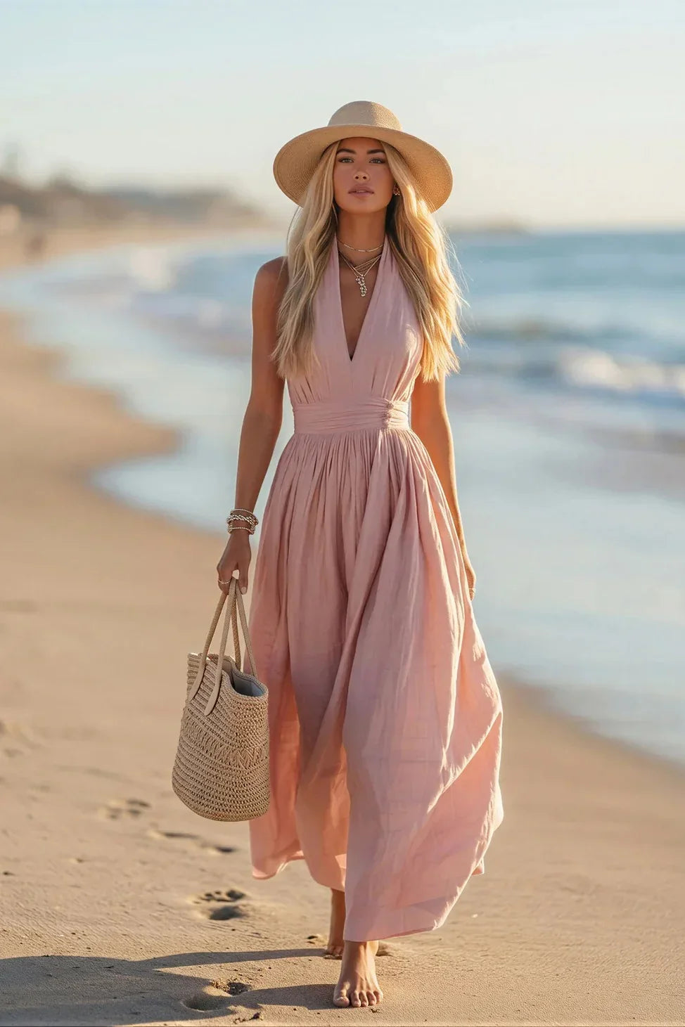 Modern Halter Neck Cotton Linen Resort Dress