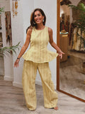 Trousers Set Yellow Striped Peplum Top & Wide-Leg