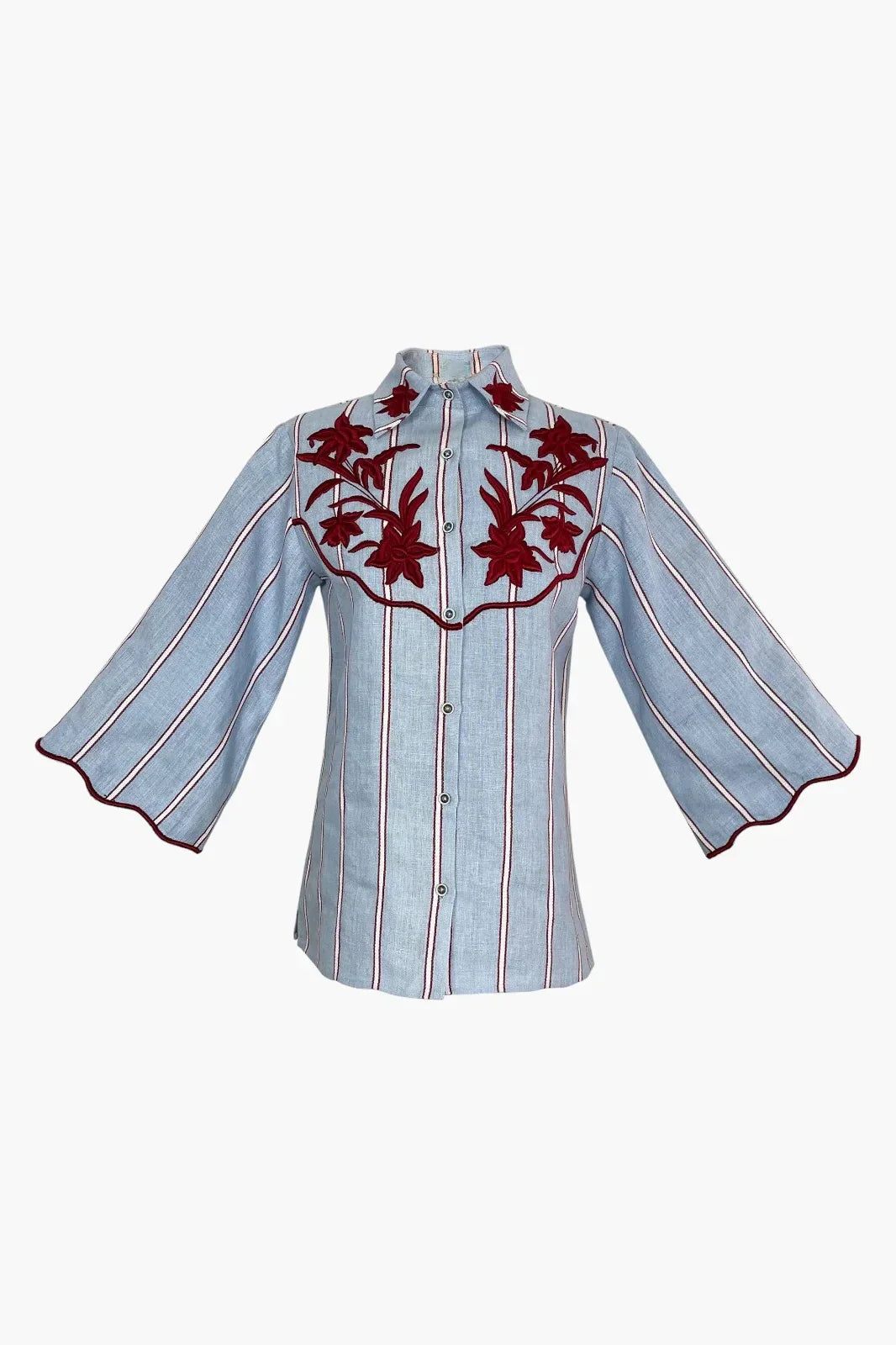 Blue Striped Flower Shirt With Tie Belt