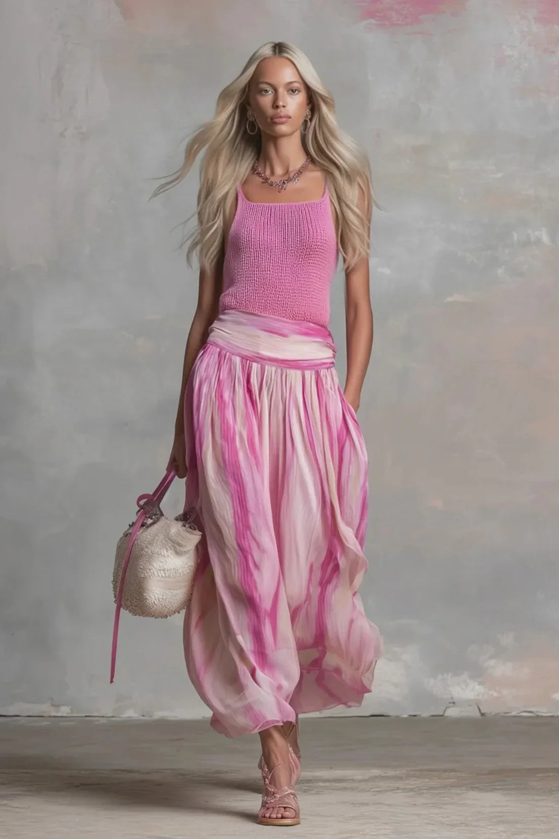 Ribbed Knit Camisole & Patterned Chiffon Midi Skirt Set