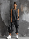 Relaxed Style Dark Gray Cotton Blend Sleeveless Top + Jogger Cargo Trousers Set