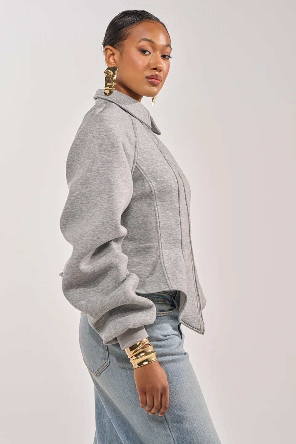 Gray Corset Waist Zip-Front Jacket