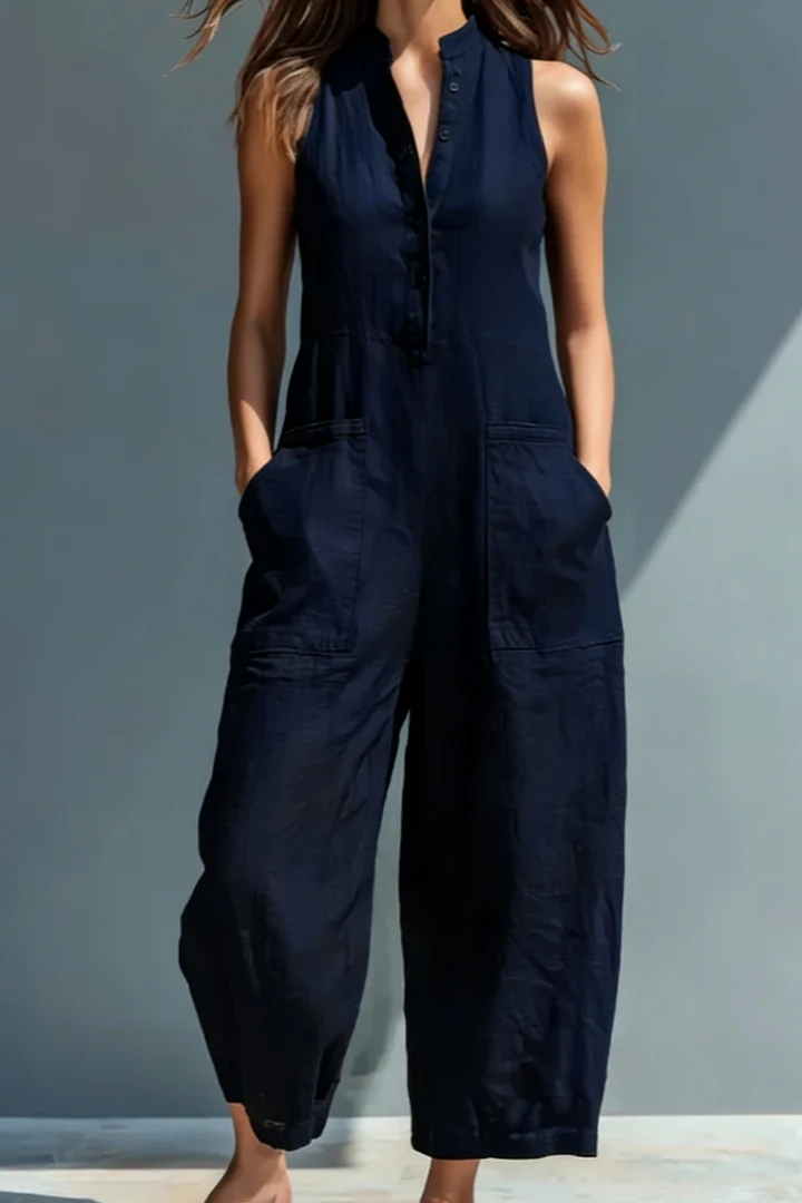 Modern Black Linen-Blend Stand Collar Sleeveless Jumpsuit
