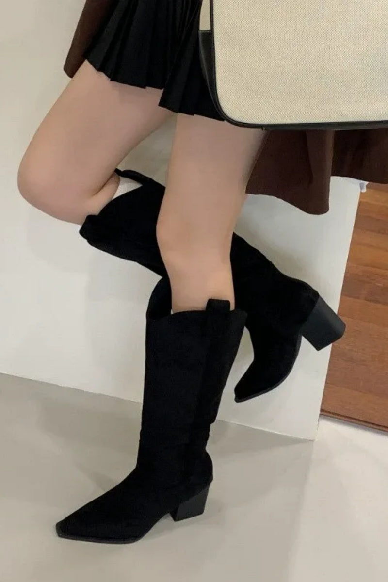 Modern V-Neck Chunky-Heeled High-Top Knight Boots