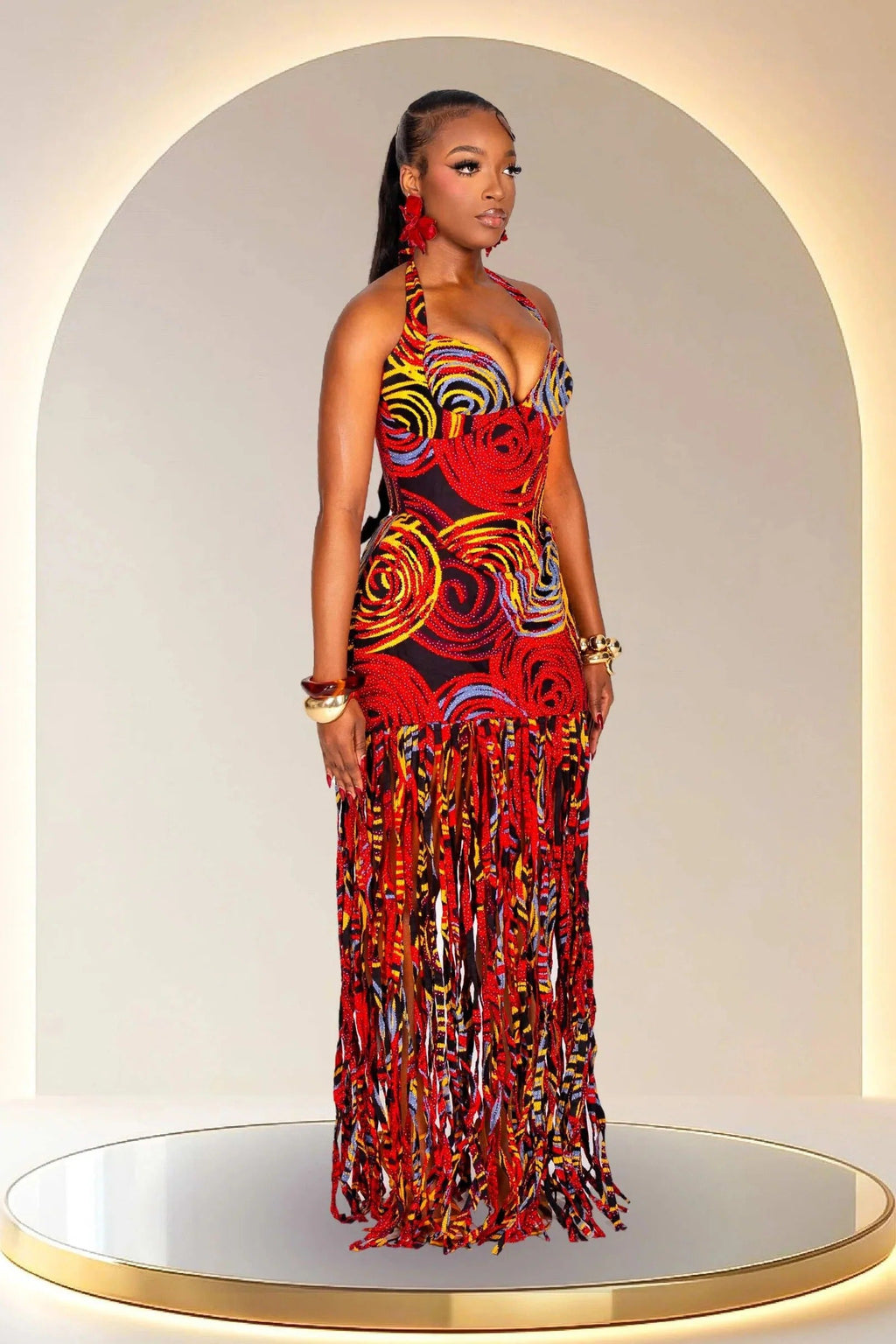 Statement Halter Fringe Maxi-Length Dress