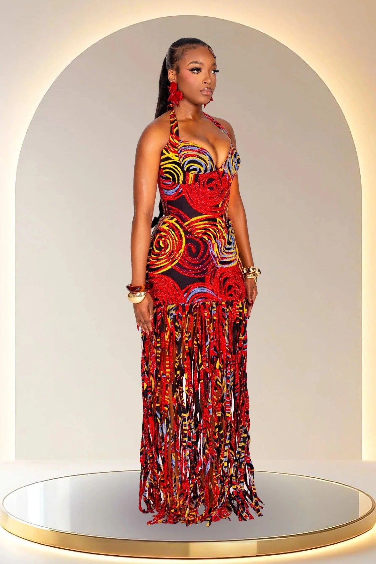 Statement Halter Fringe Maxi-Length Dress
