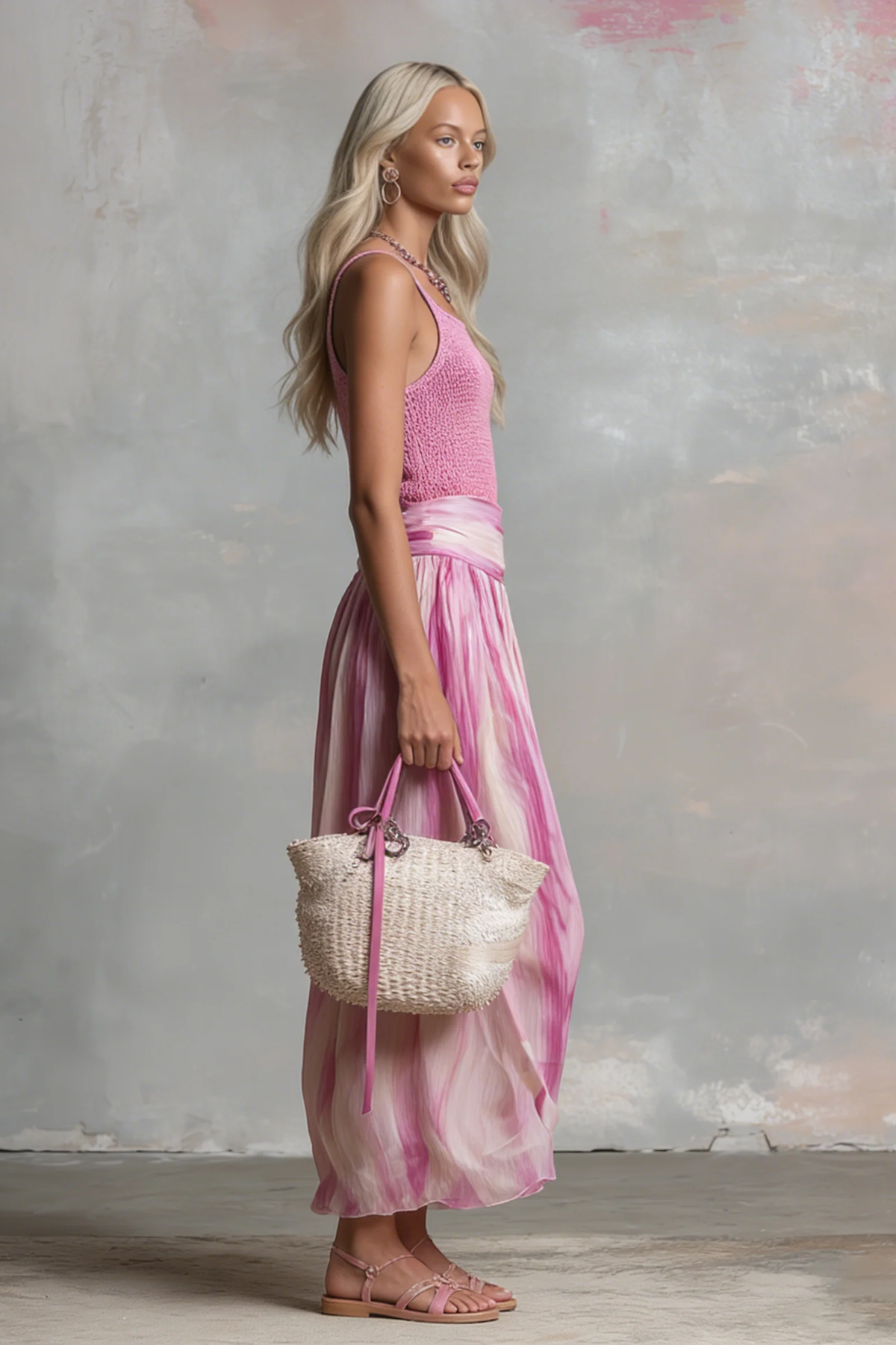 Ribbed Knit Camisole & Patterned Chiffon Midi Skirt Set