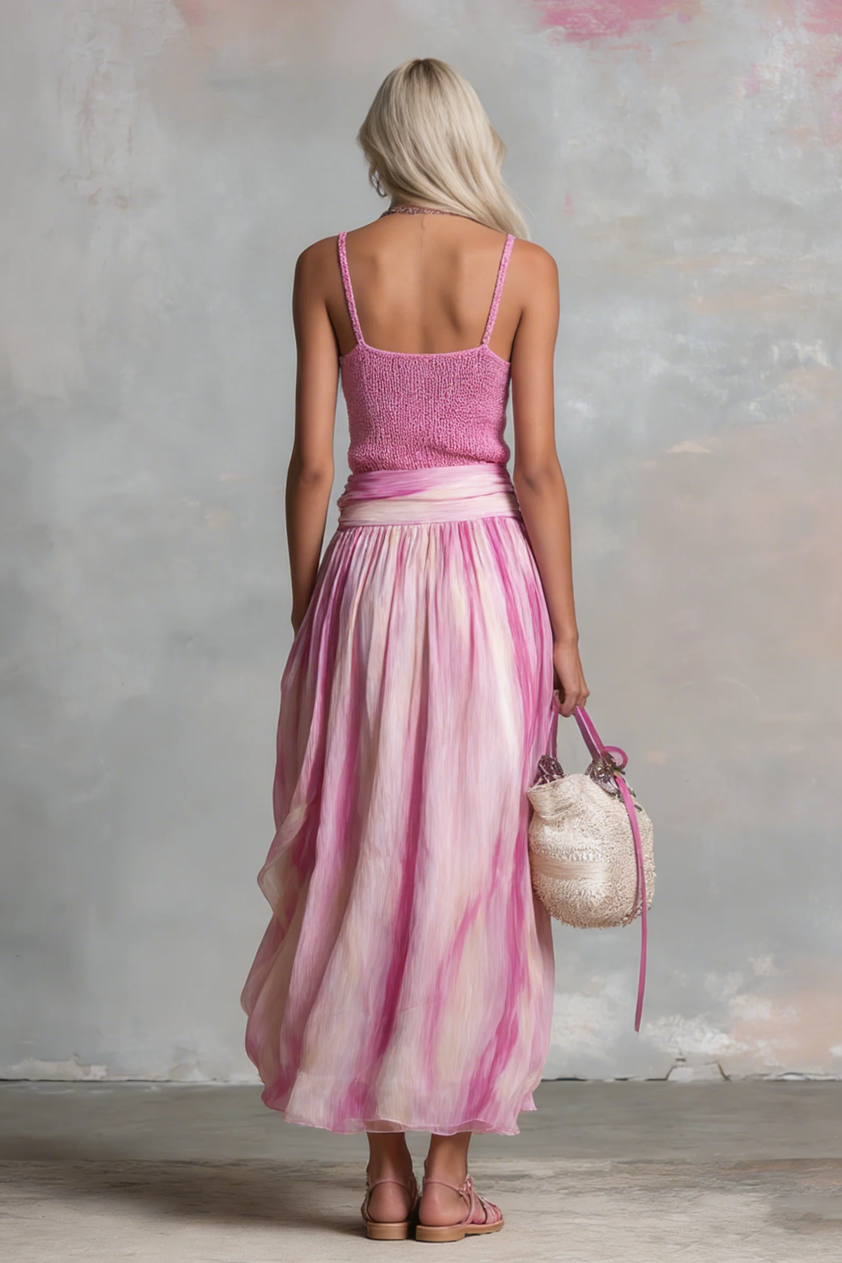 Ribbed Knit Camisole & Patterned Chiffon Midi Skirt Set