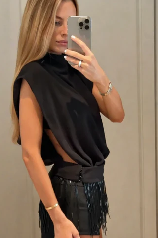 Black High Neck Cut-Out Fringe Shorts Set