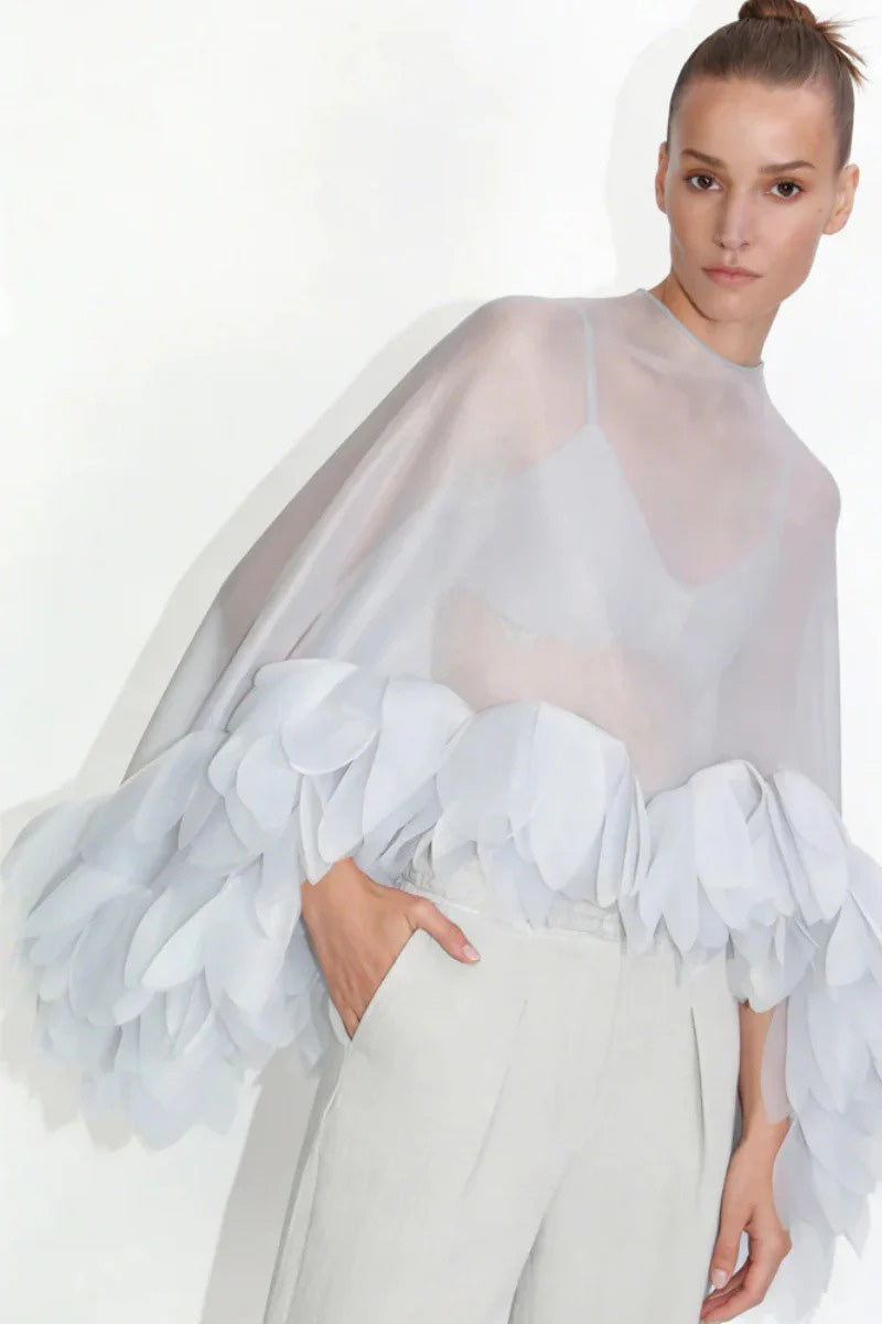 Modern Sheer Organza Petal-Embellished Cape Top