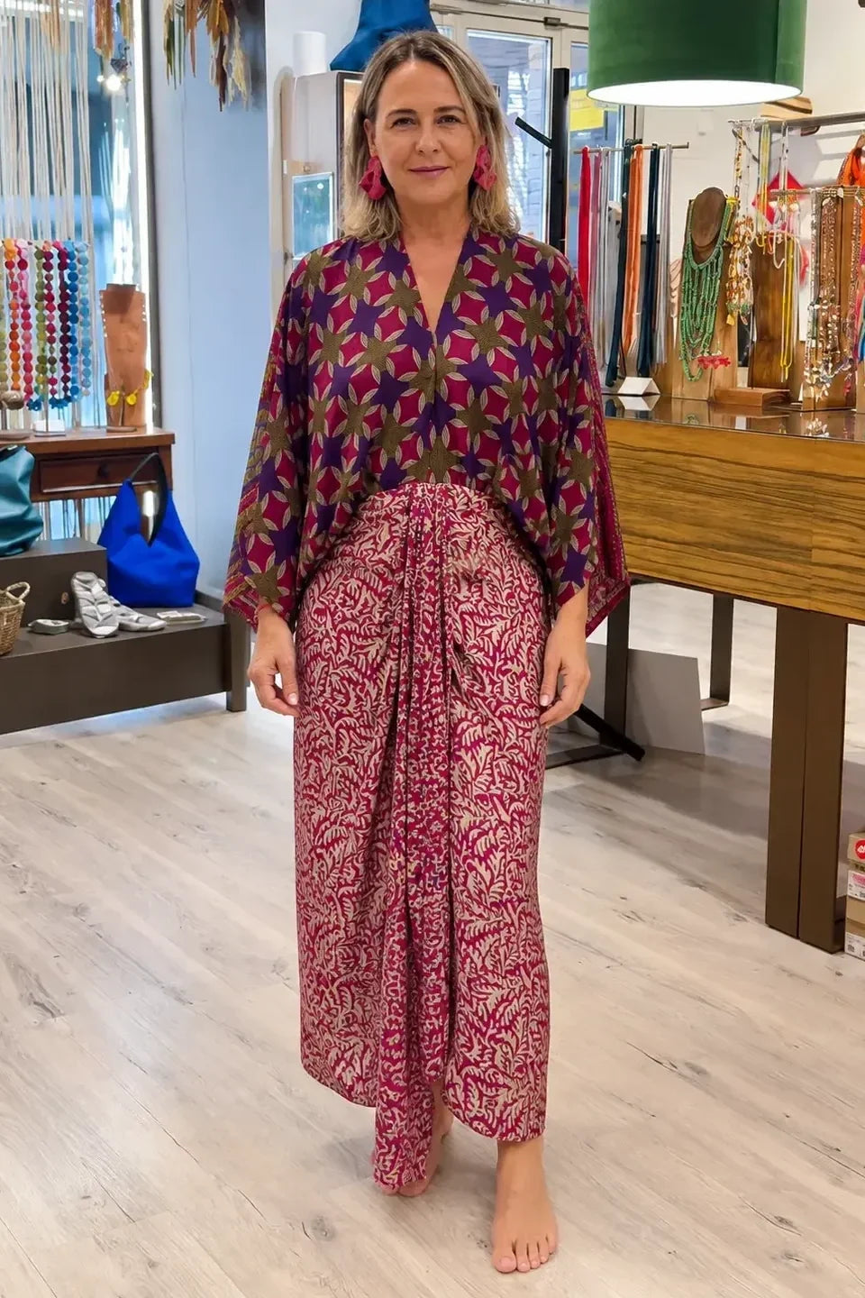 Patterned Kimono Midi-Length Dress