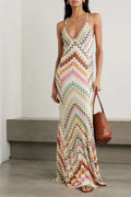 Knit Colorful Herringbone Print Open Beck Maxi-Length Dress