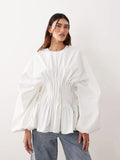 Modern Pintuck Open-Back Peplum Blouse