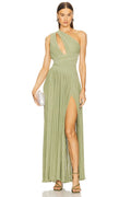 Refined One-Shoulder Pleated Midi-Length Dress